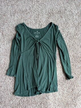 Women's Olive Green Tie-Front Long Sleeve Top
